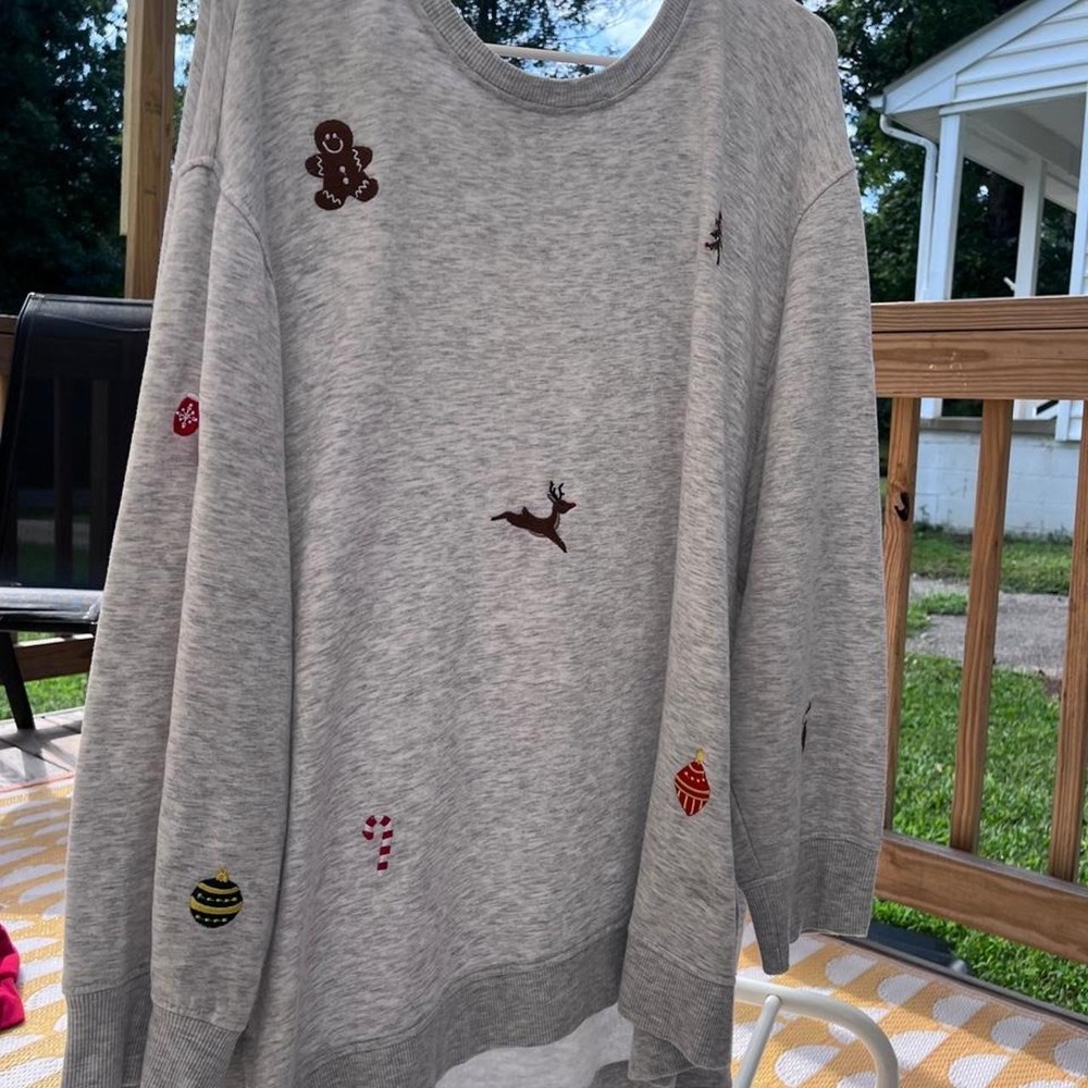 Gray Christmas sweater with embroidered gingerbread man, reindeer, size 2xl